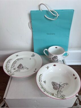 Never been used Tiffany & Co child’s fine bone china 3 piece set in blue box